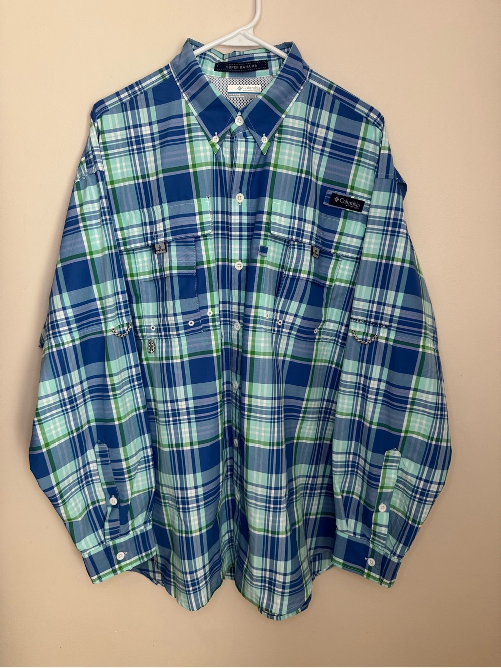 Columbia PFG Super Bahama Omni-Shade Fishing Shirt Men’s Large Green Blue Plaid